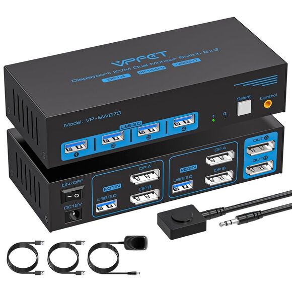 4K@144Hz KVM Switch 2 Monitors 2 Computers 8K@60Hz USB3.0 KVM Switch DP Cable - Picture 1 of 3
